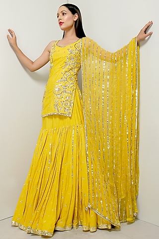 Yellow Embroidered Lehenga Set by Prevasu