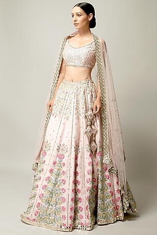 Pale Pink Embroidered Lehenga Set by Prevasu
