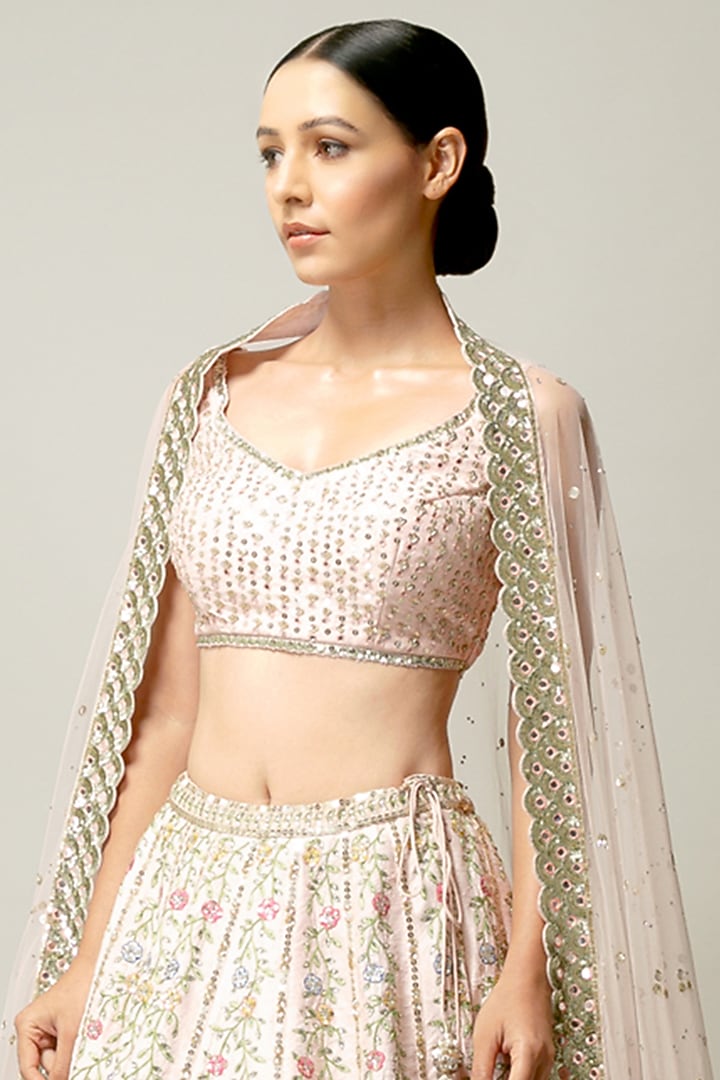 Pale Pink Embroidered Bridal Lehenga Set by Prevasu at Pernia's Pop Up Shop