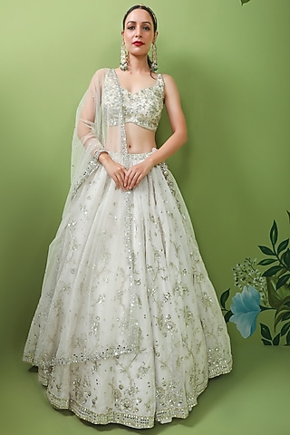 Ivory Organza Embroidered Lehenga Set by Prevasu