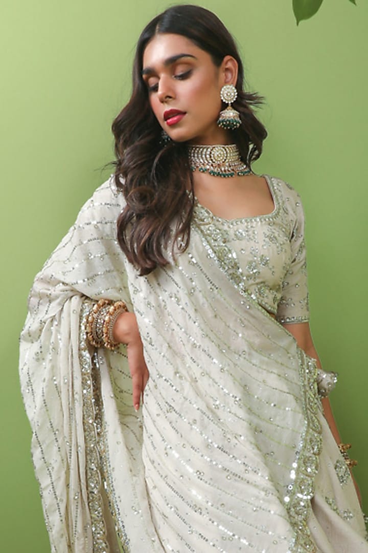 Ivory Crepe Silk Embroidered Wedding Lehenga Set by Prevasu at Pernia's Pop Up Shop