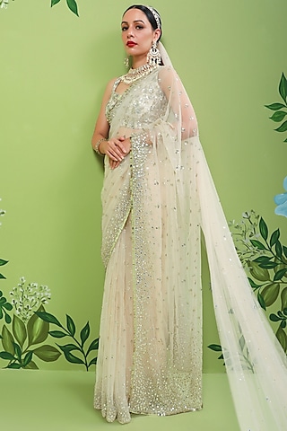 Cream Embroidered Saree Set by Prevasu