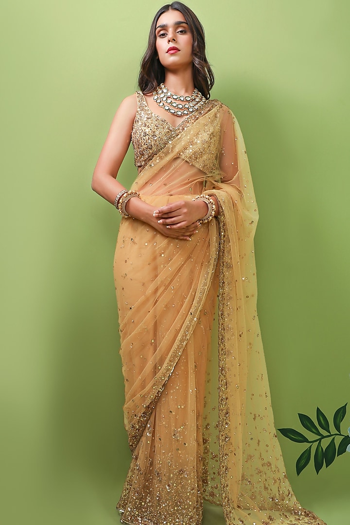 Gold Embroidered Saree Set by Prevasu