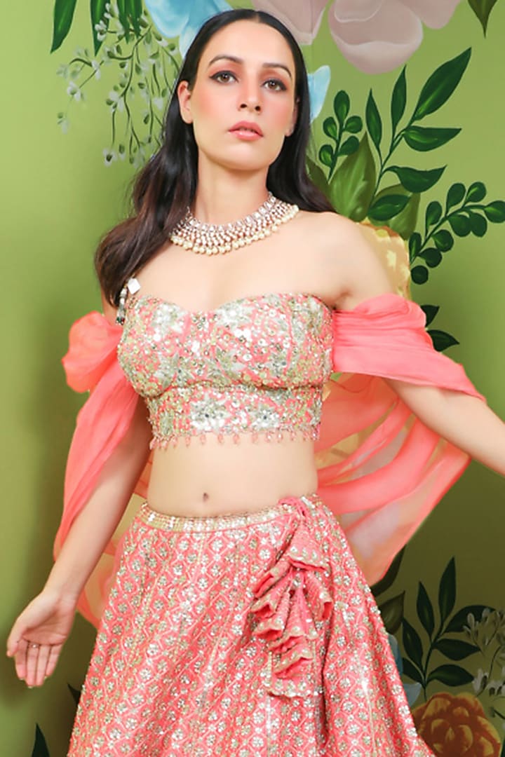 Coral Pink Raw Silk Bridal Lehenga Set by Prevasu at Pernia's Pop Up Shop