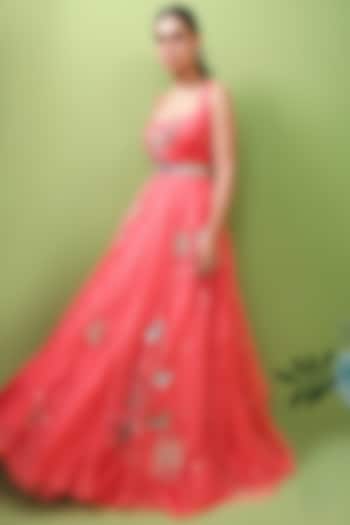Coral Pink Embroidered Gown by Prevasu