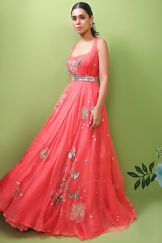 Coral Pink Embroidered Gown by Prevasu