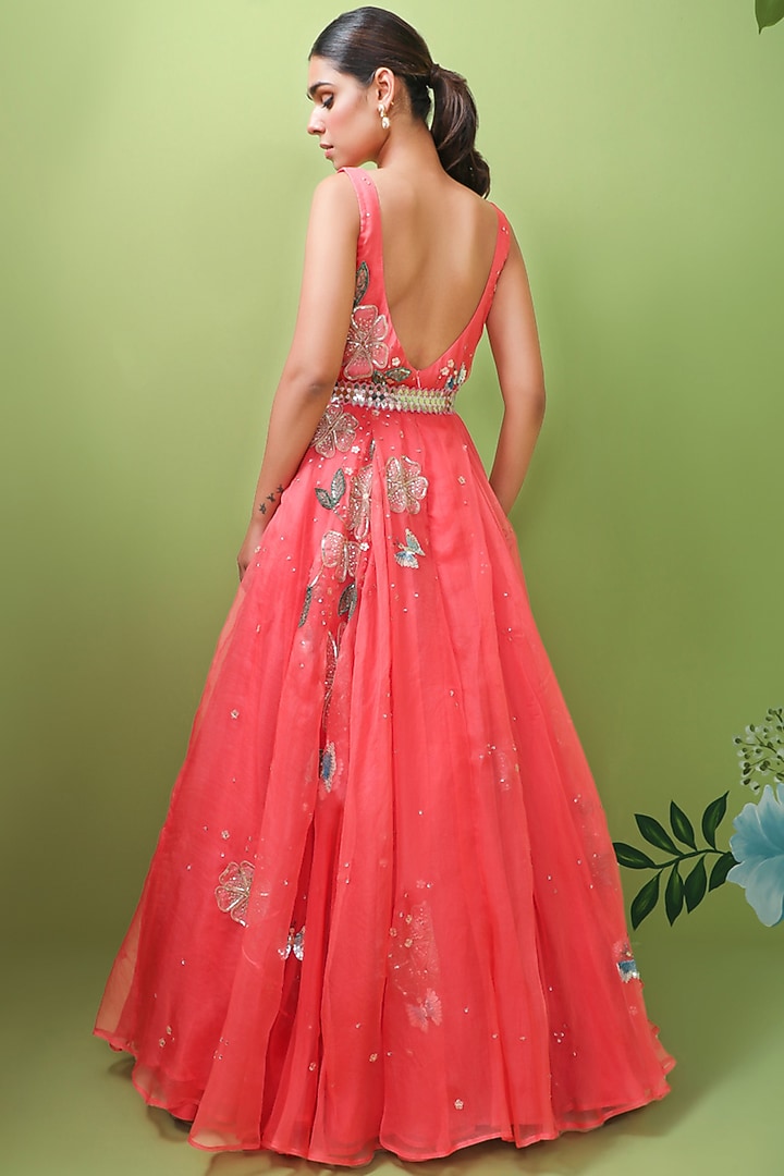 Coral Pink Embroidered Wedding Gown by Prevasu at Pernia's Pop Up Shop