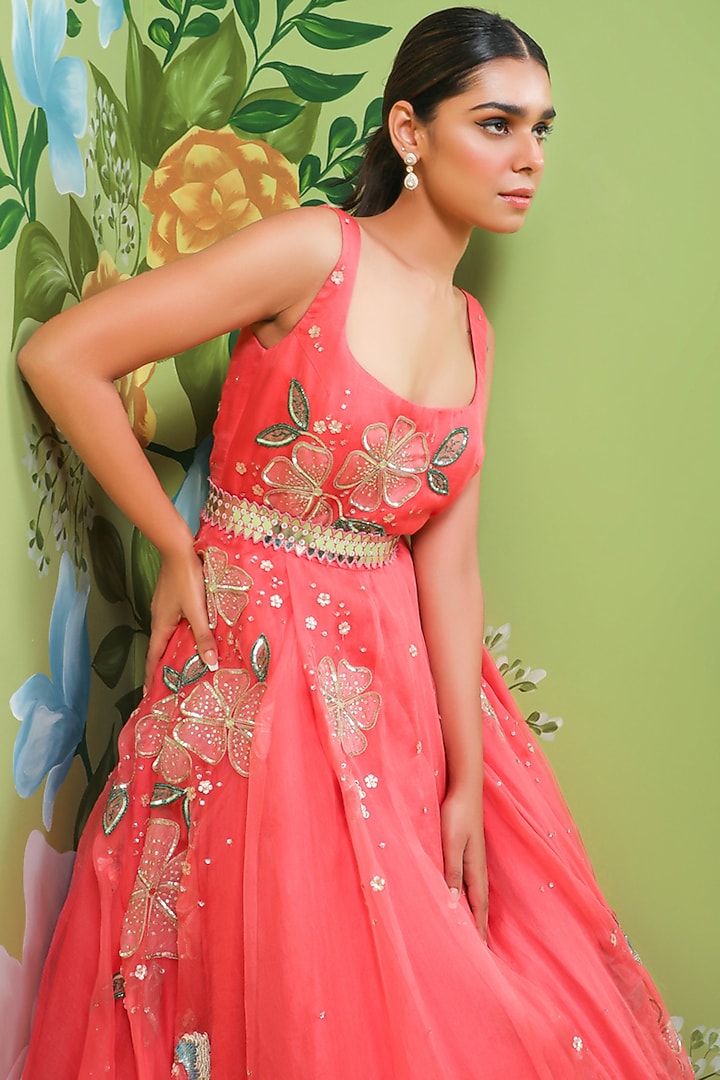 Coral Pink Embroidered Wedding Gown by Prevasu at Pernia's Pop Up Shop