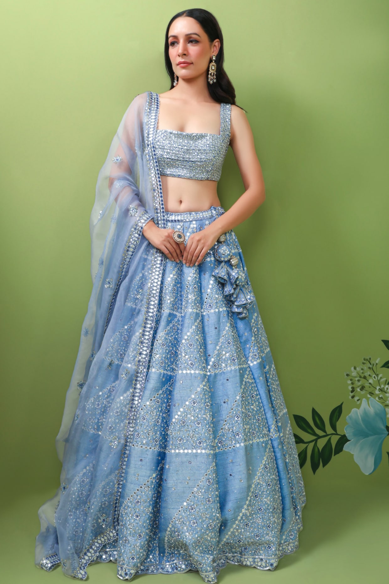 Green Hand Embroidered Blouse With Leheriya Lehenga – SONAL & PANKAJ