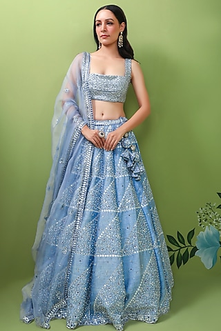 English Blue Embroidered Lehenga Set by Prevasu