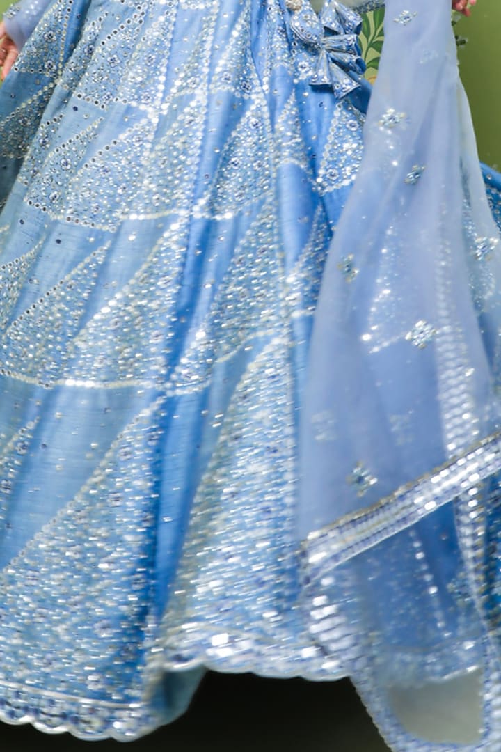 English Blue Embroidered Bridal Lehenga Set by Prevasu at Pernia's Pop Up Shop