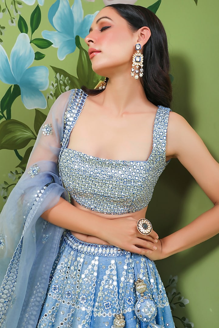 English Blue Embroidered Bridal Lehenga Set by Prevasu at Pernia's Pop Up Shop