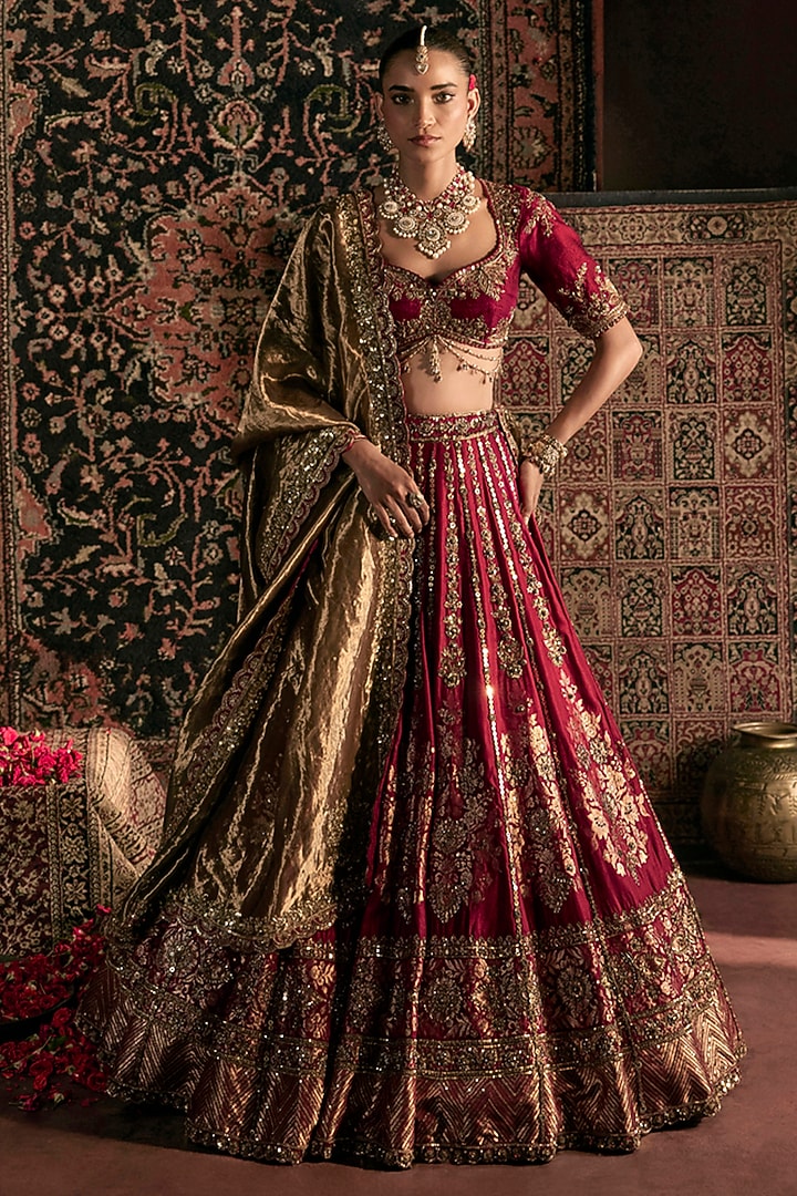 Maroon Silk Brocade Zardosi Hand Embroidered Bridal Lehenga Set by Prevasu at Pernia's Pop Up Shop