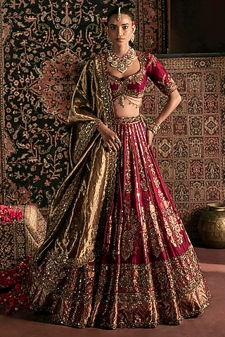 Maroon Silk Brocade Zardosi Hand Embroidered Lehenga Set by Prevasu