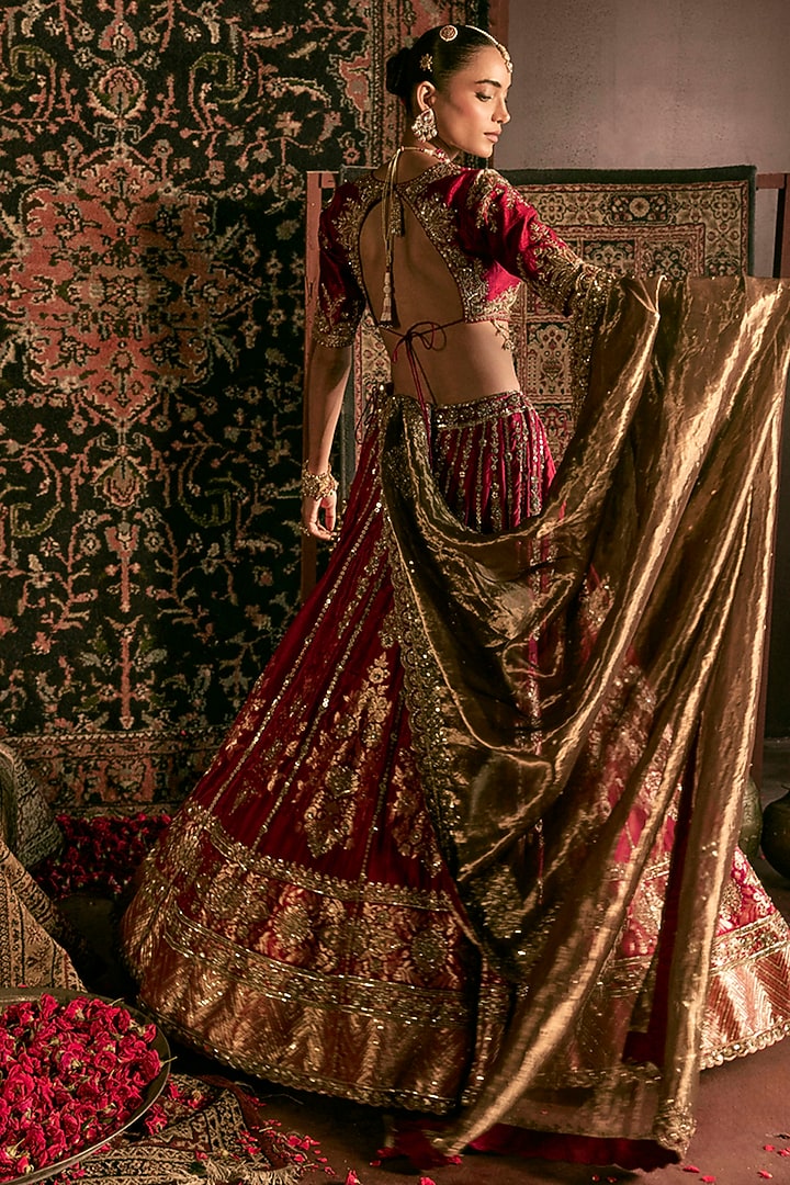 Maroon Silk Brocade Zardosi Hand Embroidered Bridal Lehenga Set by Prevasu at Pernia's Pop Up Shop