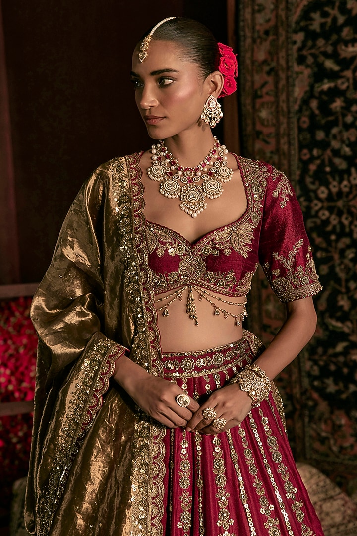 Maroon Silk Brocade Zardosi Hand Embroidered Bridal Lehenga Set by Prevasu at Pernia's Pop Up Shop