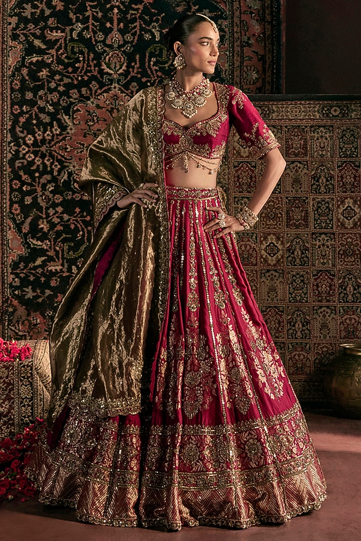 Maroon Silk Brocade Zardosi Hand Embroidered Bridal Lehenga Set by Prevasu at Pernia's Pop Up Shop
