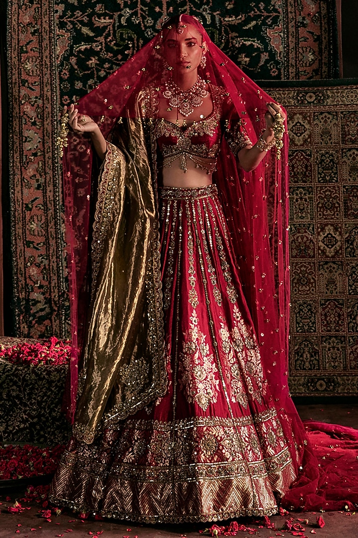 Maroon Silk Brocade Zardosi Hand Embroidered Bridal Lehenga Set by Prevasu at Pernia's Pop Up Shop