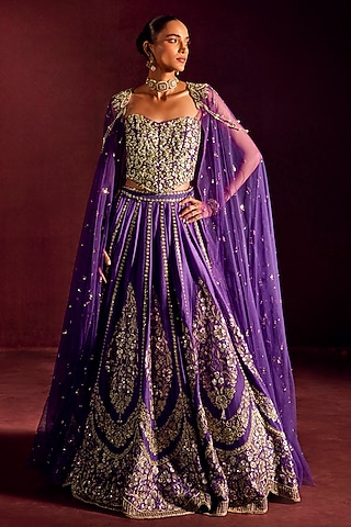 Purple Silk Brocade Hand Embroidered Lehenga Set by Prevasu