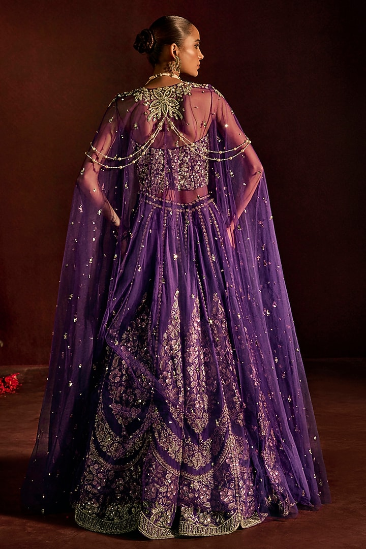 Purple Silk Brocade Hand Embroidered Bridal Lehenga Set by Prevasu at Pernia's Pop Up Shop