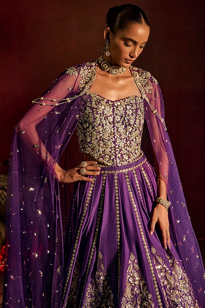 Purple Silk Brocade Hand Embroidered Bridal Lehenga Set by Prevasu at Pernia's Pop Up Shop
