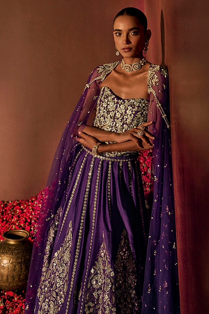 Purple Silk Brocade Hand Embroidered Bridal Lehenga Set by Prevasu at Pernia's Pop Up Shop