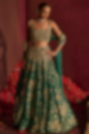 Teal Green Silk Brocade Floral Hand Embroidered Bridal Lehenga Set by Prevasu at Pernia's Pop Up Shop