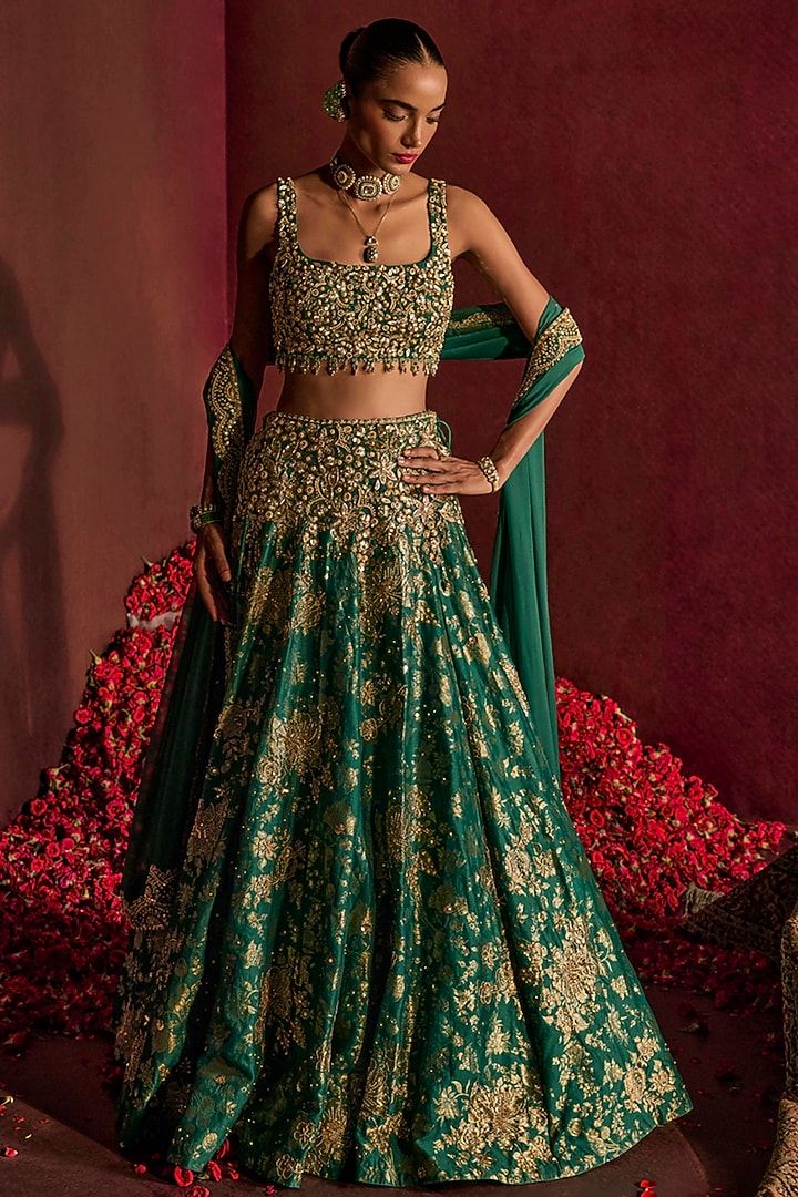 Teal Green Silk Brocade Floral Hand Embroidered Bridal Lehenga Set by Prevasu at Pernia's Pop Up Shop