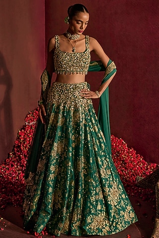 Teal Green Silk Brocade Floral Hand Embroidered Lehenga Set by Prevasu