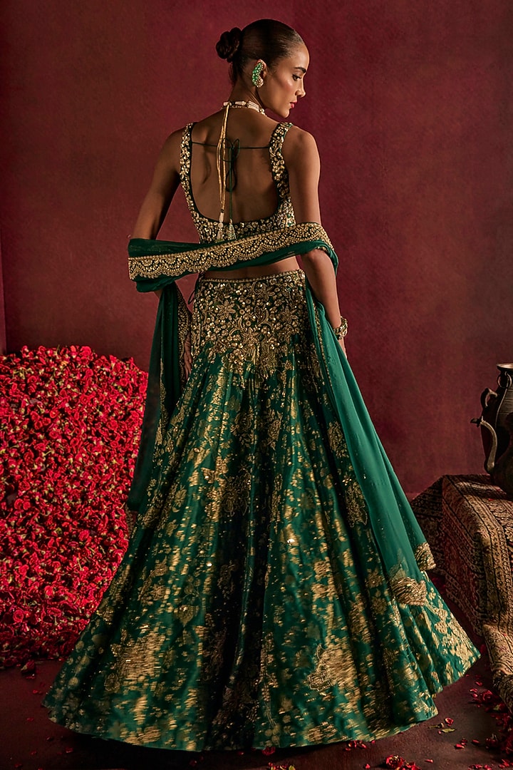 Teal Green Silk Brocade Floral Hand Embroidered Bridal Lehenga Set by Prevasu at Pernia's Pop Up Shop
