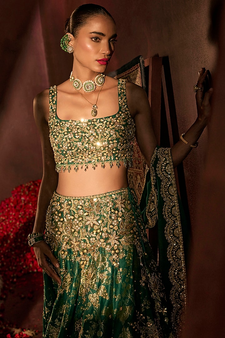 Teal Green Silk Brocade Floral Hand Embroidered Bridal Lehenga Set by Prevasu at Pernia's Pop Up Shop