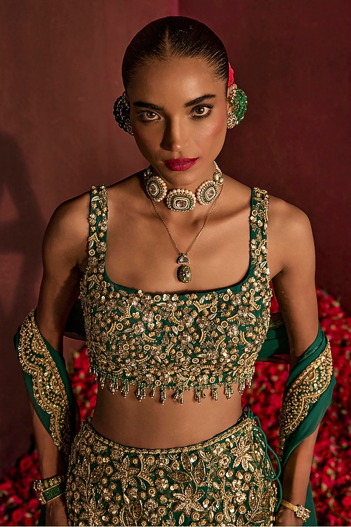 Teal Green Silk Brocade Floral Hand Embroidered Bridal Lehenga Set by Prevasu at Pernia's Pop Up Shop