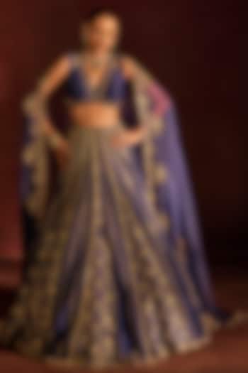 Blue Silk Zardosi Hand Embroidered Bridal Lehenga Set by Prevasu at Pernia's Pop Up Shop