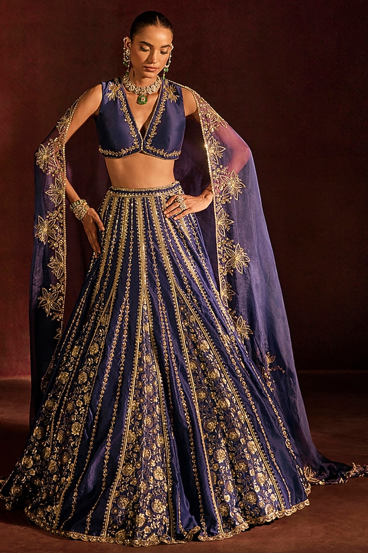 Blue Silk Zardosi Hand Embroidered Bridal Lehenga Set by Prevasu at Pernia's Pop Up Shop