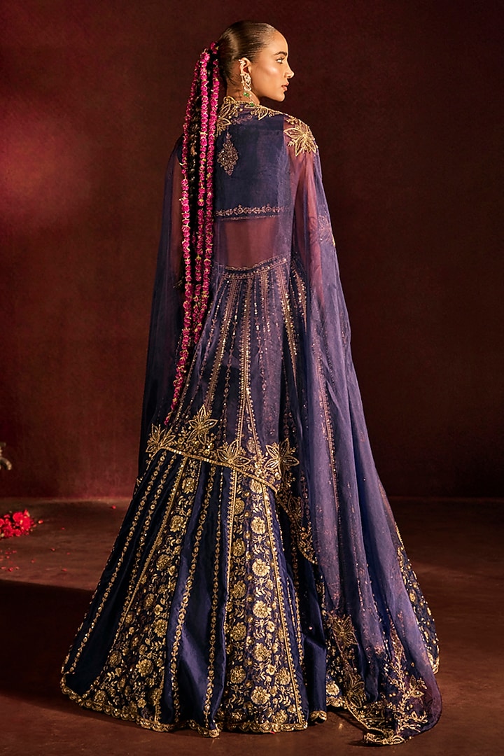 Blue Silk Zardosi Hand Embroidered Bridal Lehenga Set by Prevasu at Pernia's Pop Up Shop