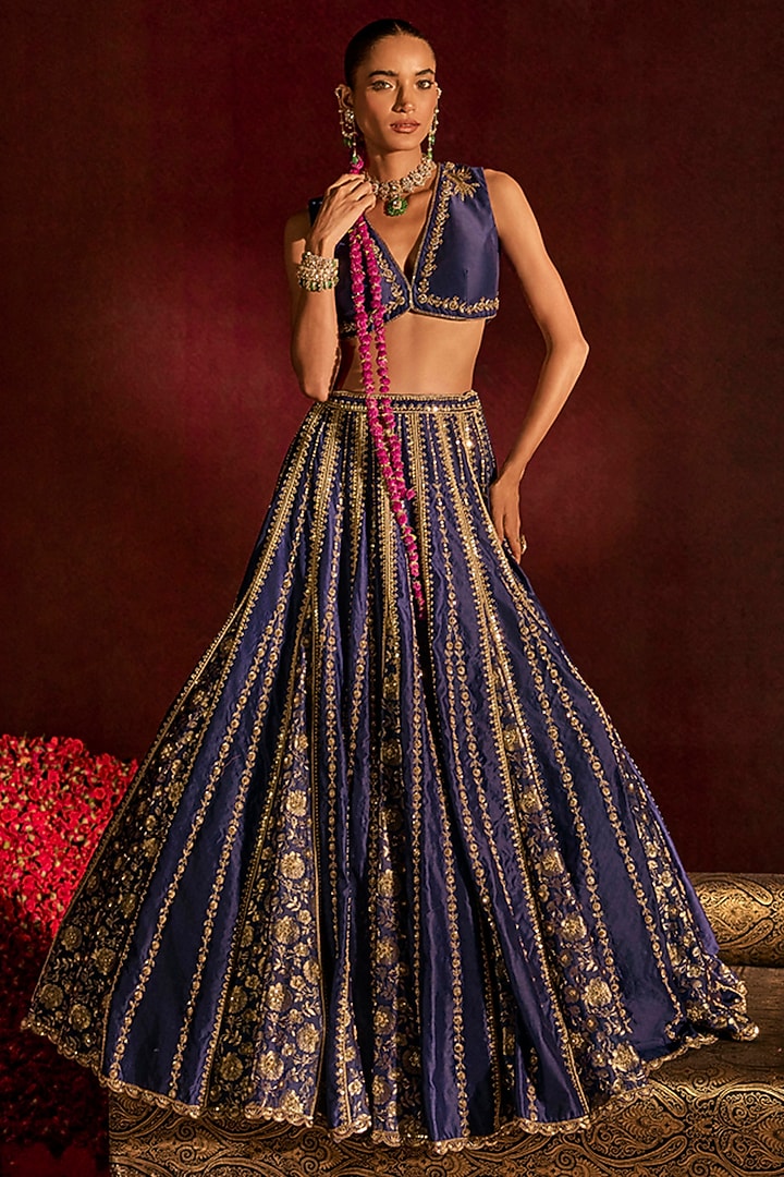 Blue Silk Zardosi Hand Embroidered Bridal Lehenga Set by Prevasu at Pernia's Pop Up Shop