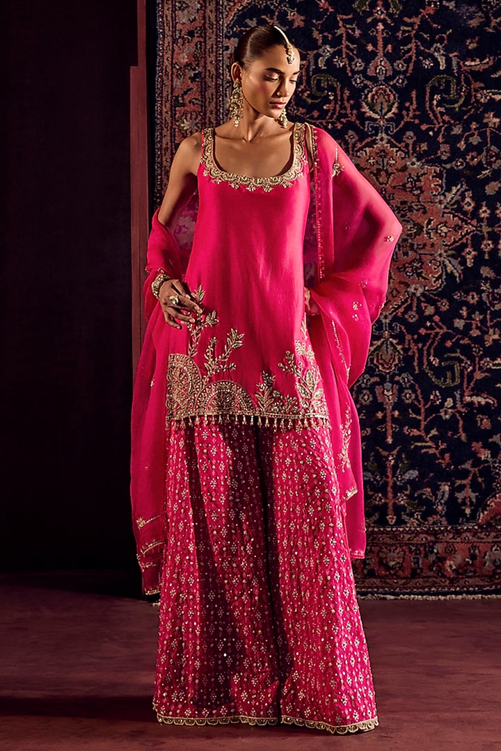 Rani Pink Silk Brocade Hand Embroidered Skirt Set by Prevasu at Pernia's Pop Up Shop