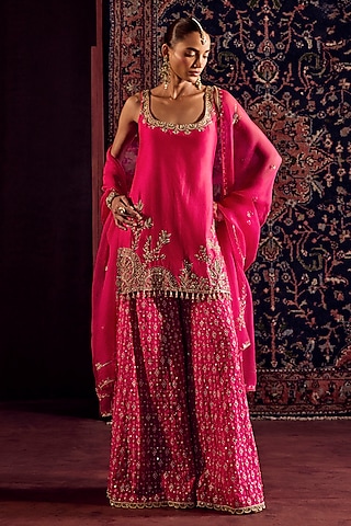 Rani Pink Silk Brocade Hand Embroidered Skirt Set by Prevasu