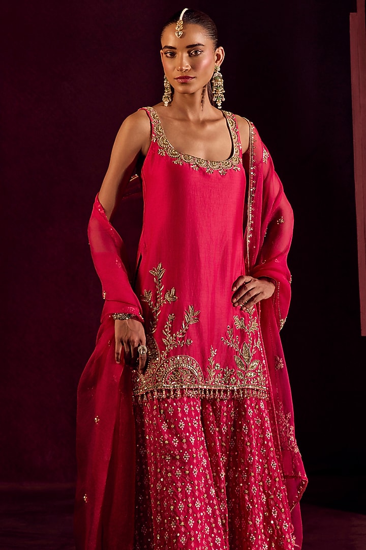 Rani Pink Silk Brocade Hand Embroidered Skirt Set by Prevasu at Pernia's Pop Up Shop
