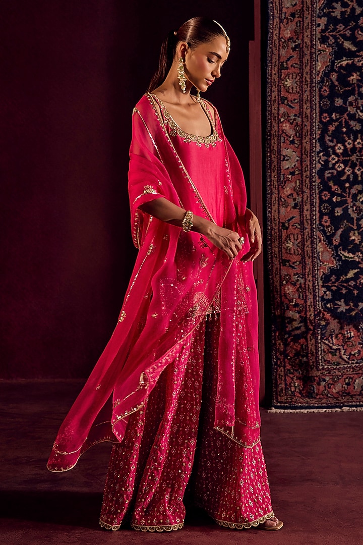 Rani Pink Silk Brocade Hand Embroidered Skirt Set by Prevasu at Pernia's Pop Up Shop