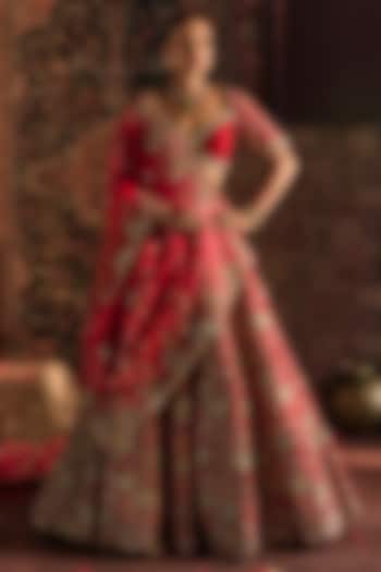 Red Raw Silk Sequin & Pearl Embroidered Bridal Lehenga Set by Prevasu at Pernia's Pop Up Shop