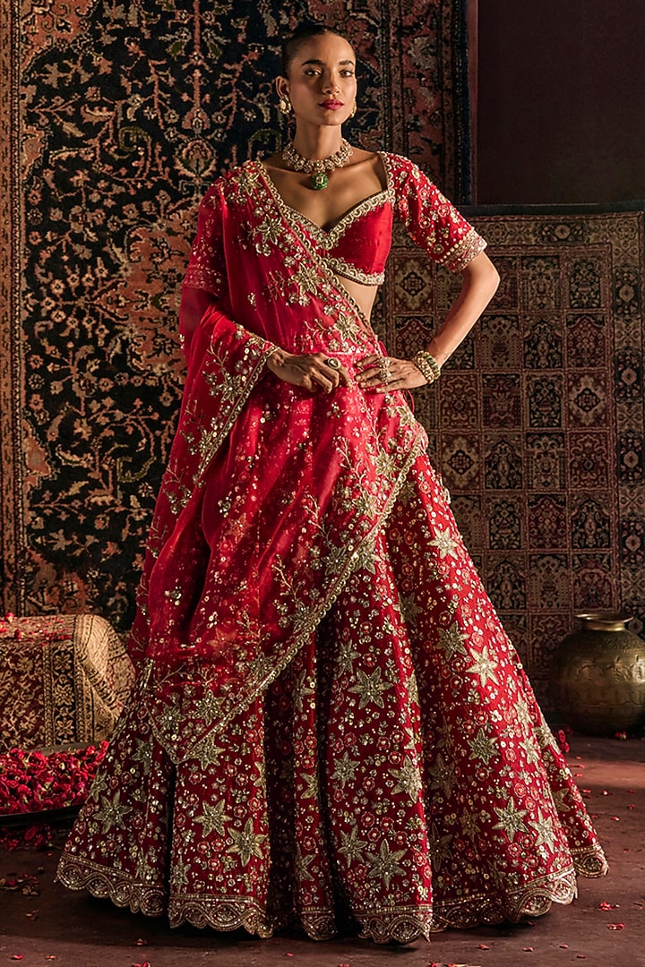 Red Raw Silk Sequin & Pearl Embroidered Bridal Lehenga Set by Prevasu at Pernia's Pop Up Shop
