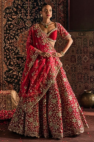 Red Raw Silk Sequin & Pearl Embroidered Lehenga Set by Prevasu