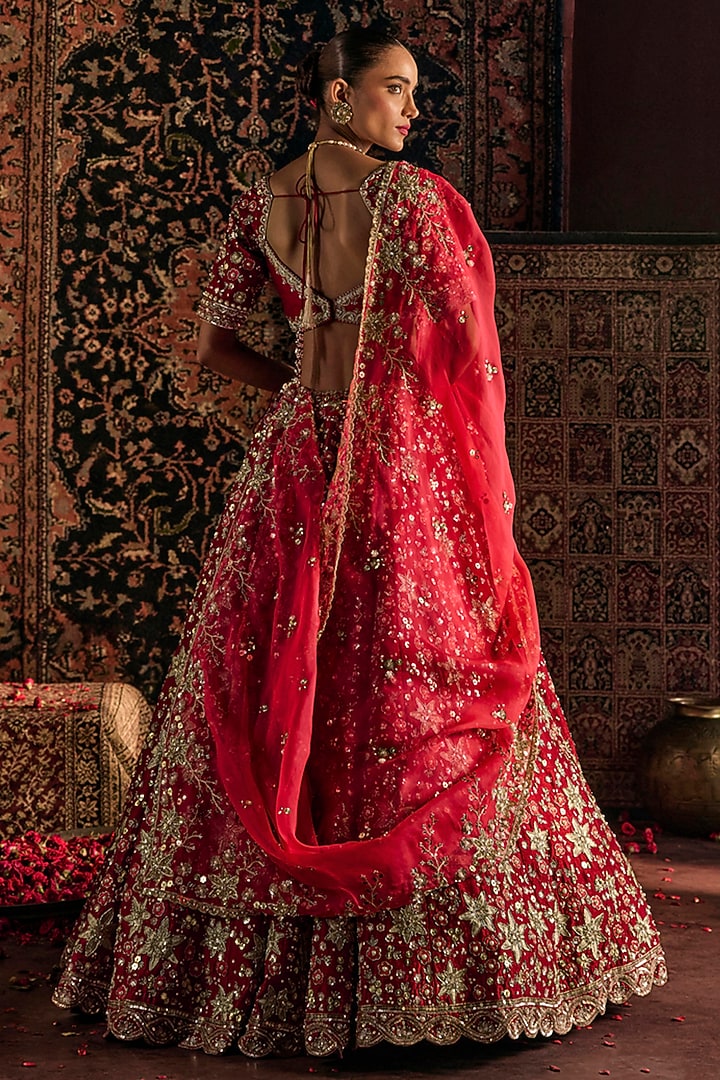 Red Raw Silk Sequin & Pearl Embroidered Bridal Lehenga Set by Prevasu at Pernia's Pop Up Shop