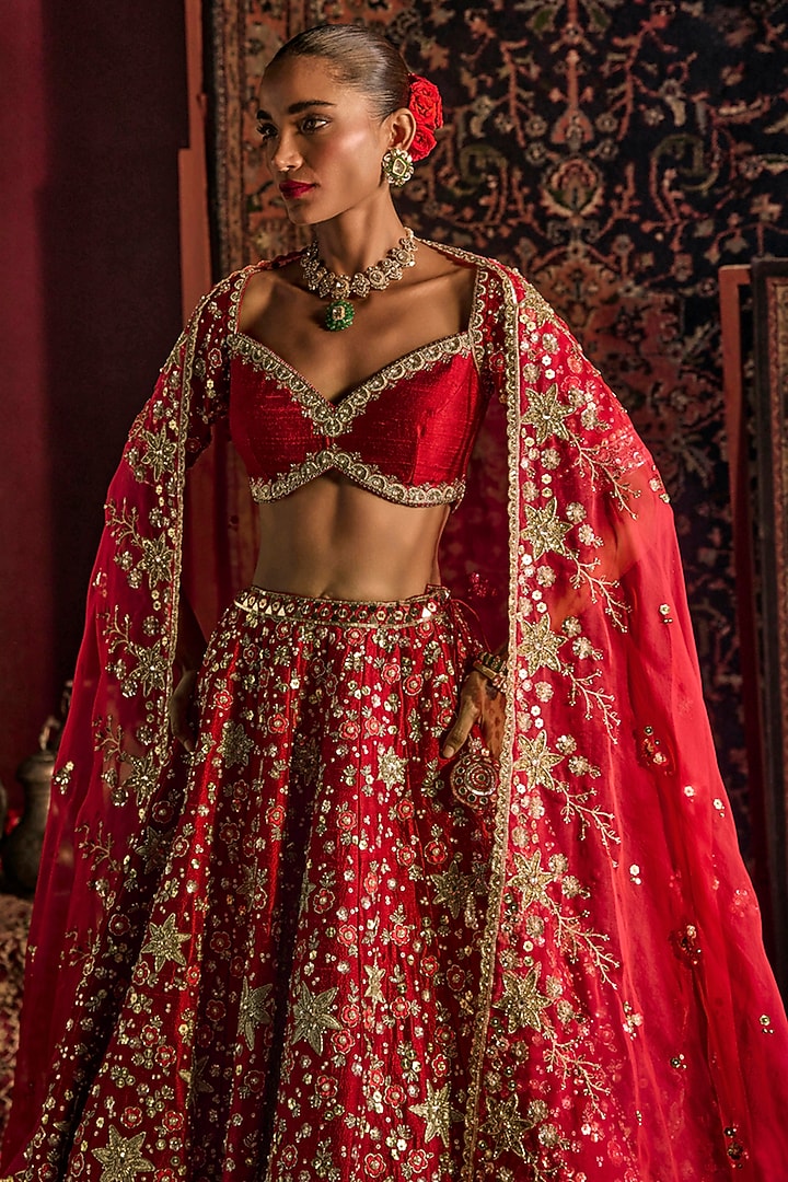 Red Raw Silk Sequin & Pearl Embroidered Bridal Lehenga Set by Prevasu at Pernia's Pop Up Shop