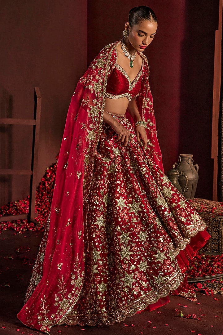 Red Raw Silk Sequin & Pearl Embroidered Bridal Lehenga Set by Prevasu at Pernia's Pop Up Shop