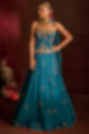 Teal Georgette Zardosi & Sequin Embroidered Wedding Lehenga Set by Prevasu at Pernia's Pop Up Shop