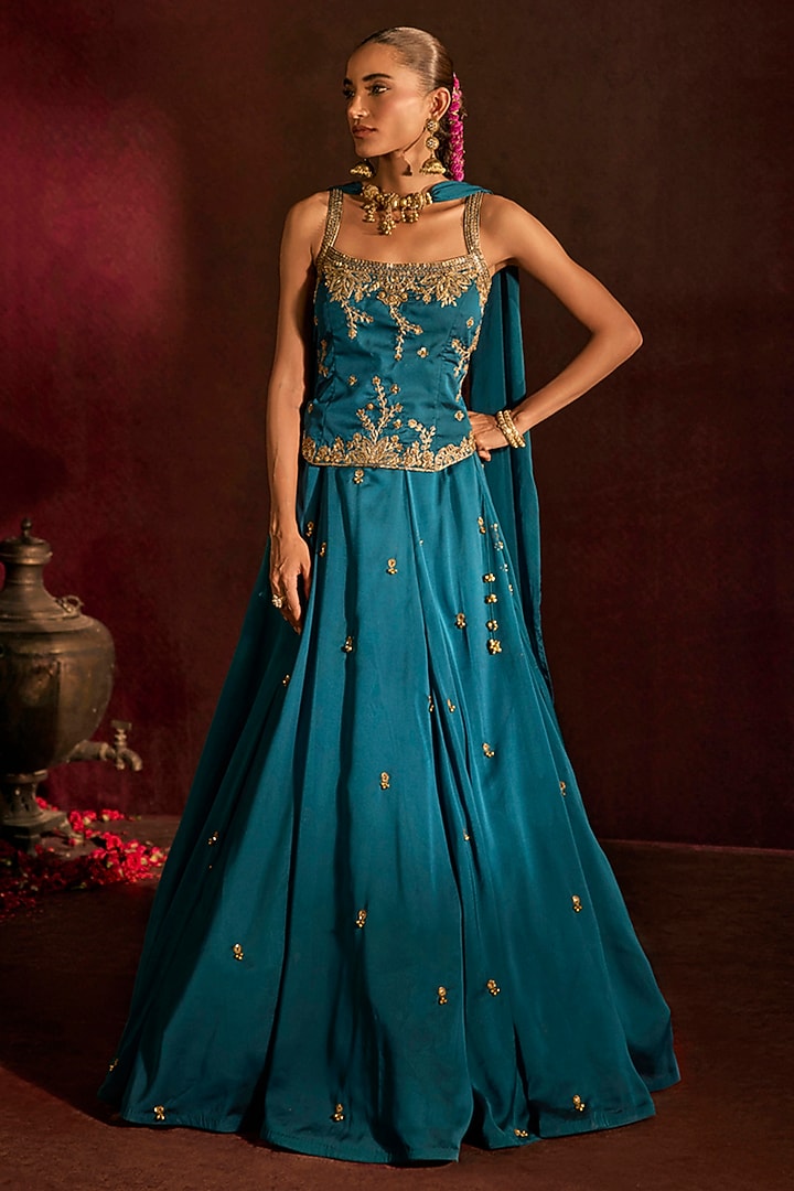Teal Georgette Zardosi & Sequin Embroidered Wedding Lehenga Set by Prevasu at Pernia's Pop Up Shop