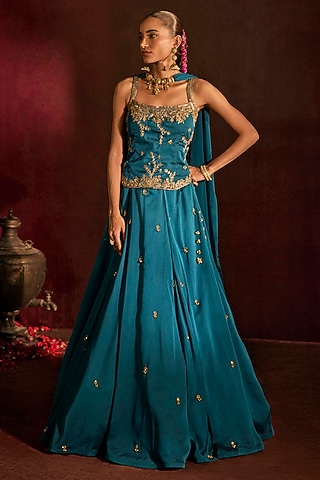 Teal Georgette Zardosi & Sequin Embroidered Lehenga Set by Prevasu