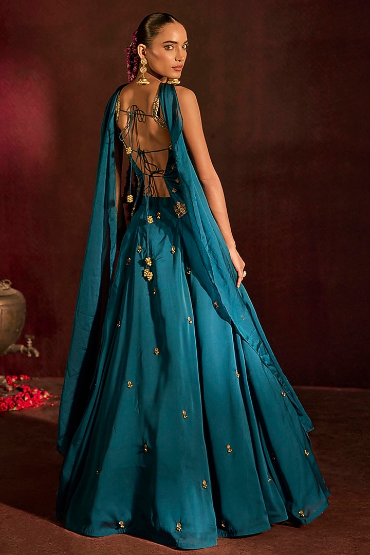Teal Georgette Zardosi & Sequin Embroidered Wedding Lehenga Set by Prevasu at Pernia's Pop Up Shop